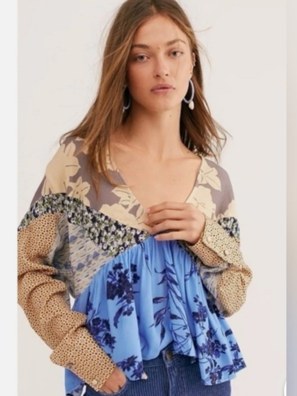 Free People Aloha State of Mind Storm Cloud Patchwork Peplum Blouse L